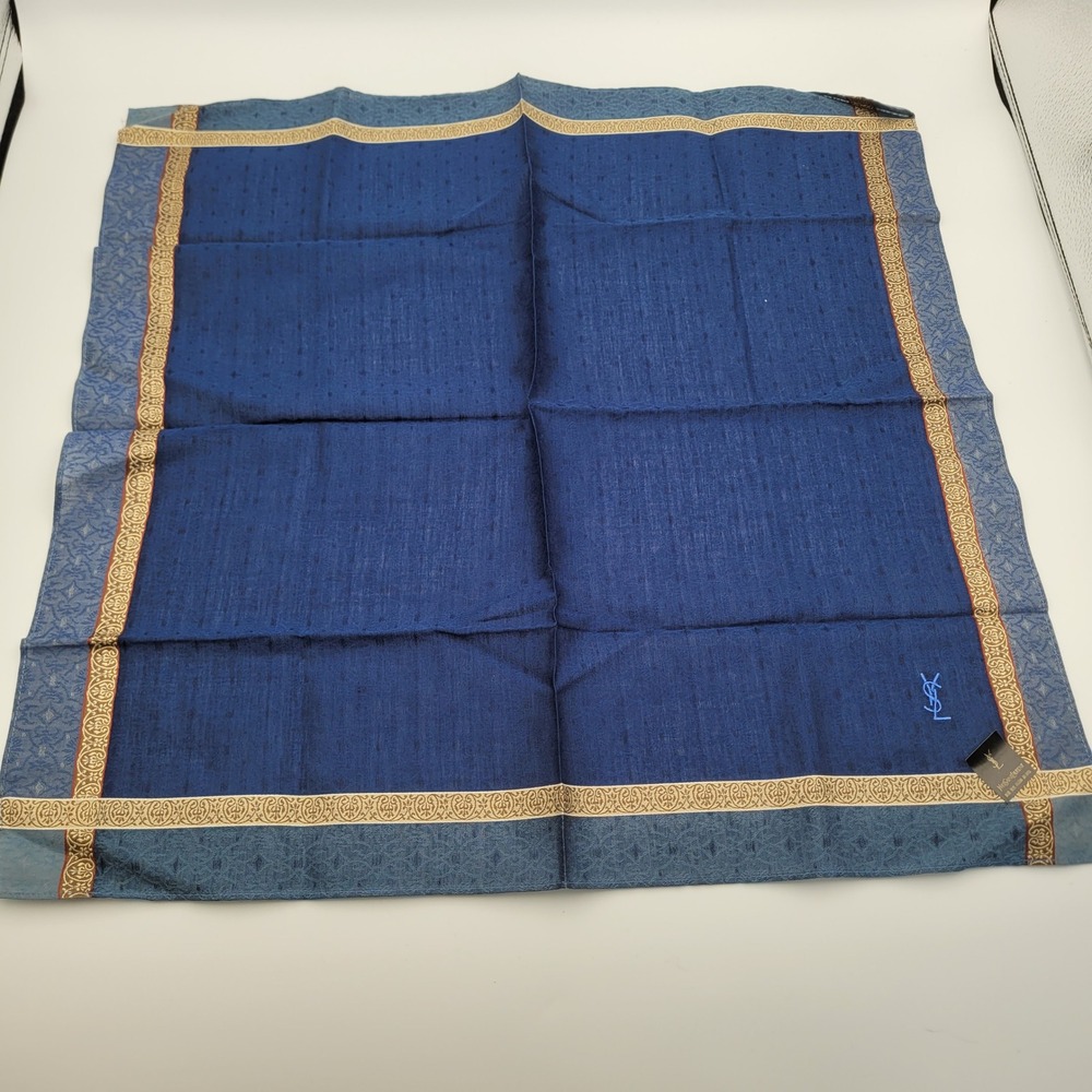 Yves Saint Laurent YSL Pocket Square Handkerchief Navy Blue Gold Cotton